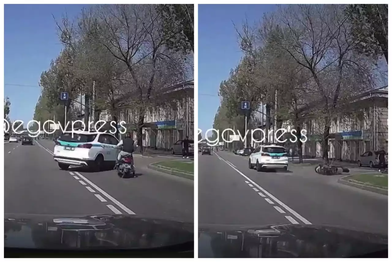 Алматыда полиция көлігінің мопет жүргізушісін қағып кеткен видеосы тарады